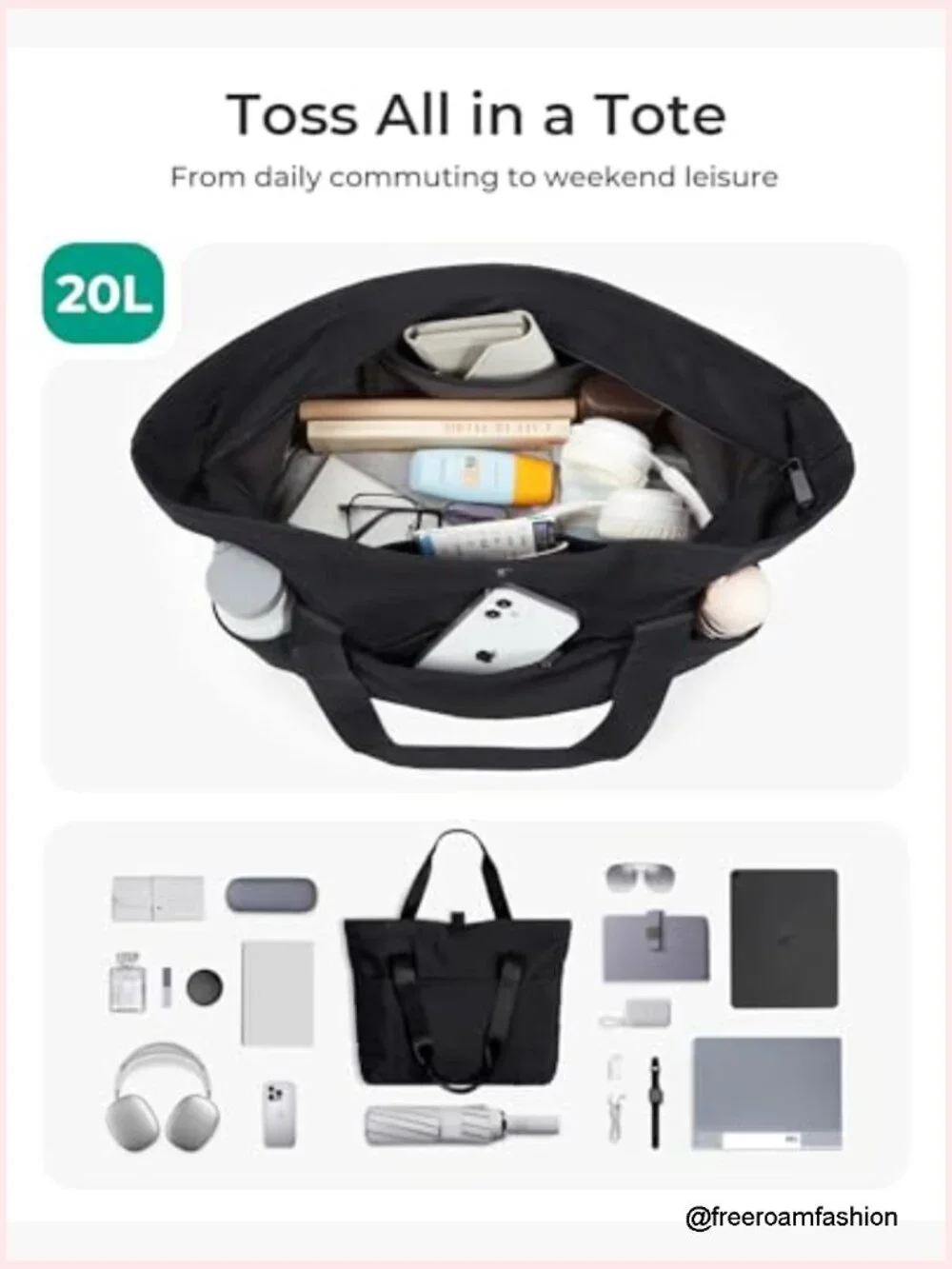 Large Foldable Tote Bag with Zipper, Travel Shoulder Bag for Work Gym
